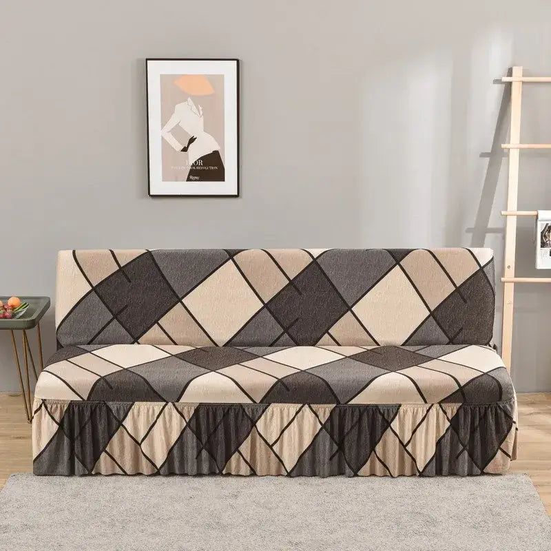Beige and dark gray argyle stretch sofa cover with ruffled hem for elastic armless futon bed and living room use