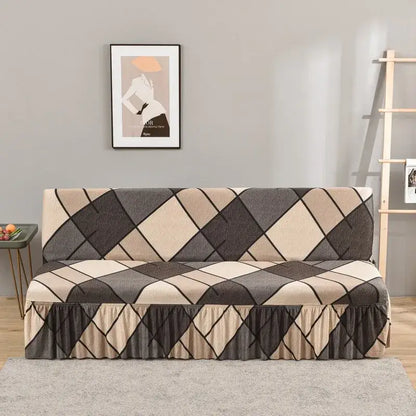 Beige and dark gray argyle stretch sofa cover with ruffled hem for elastic armless futon bed and living room use