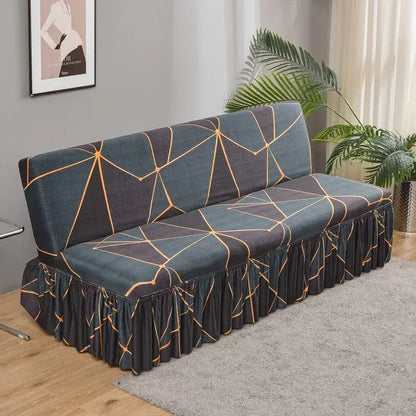 Dark blue geometric-patterned sofa cover with gold accent lines and ruffled hem for elastic armless futon bed