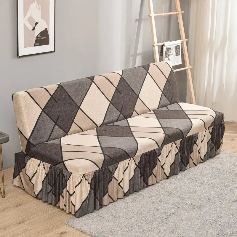 Beige and dark gray argyle-patterned elastic armless futon sofa cover with ruffled hem for living room use