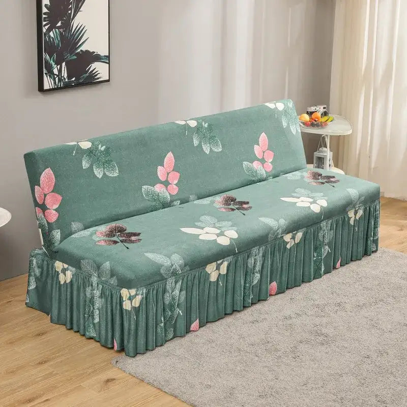 Teal floral sofa cover with ruffled hem and leaf patterns for argyle beige and dark gray elastic armless futon bed