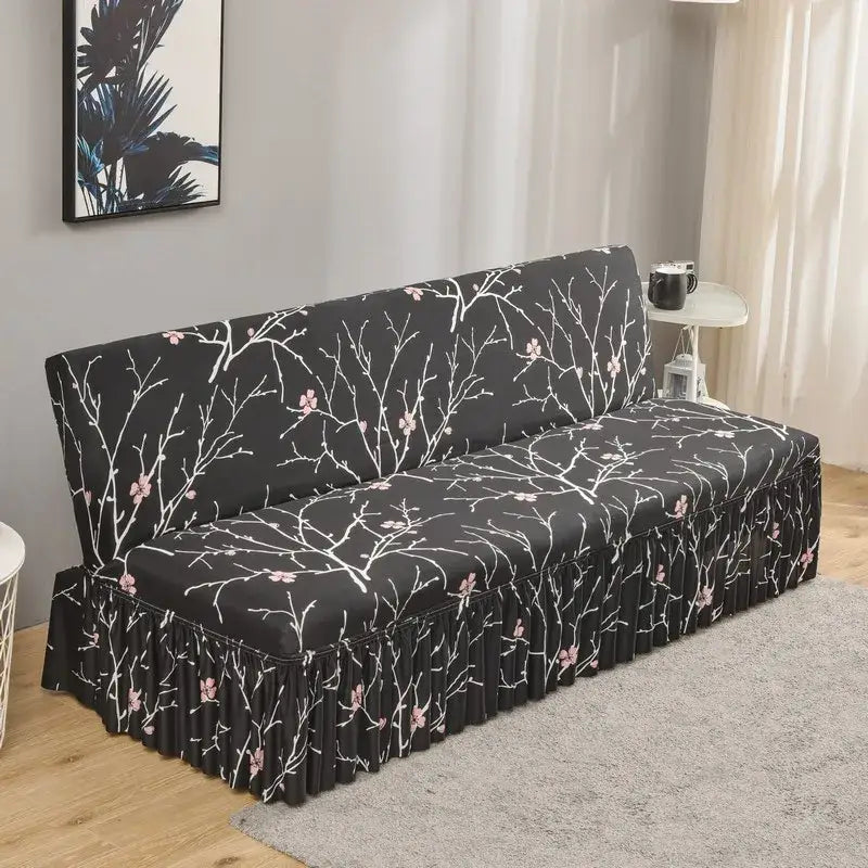 Black sofa cover with white branch and pink blossom pattern and ruffled hem for elastic armless futon bed living room