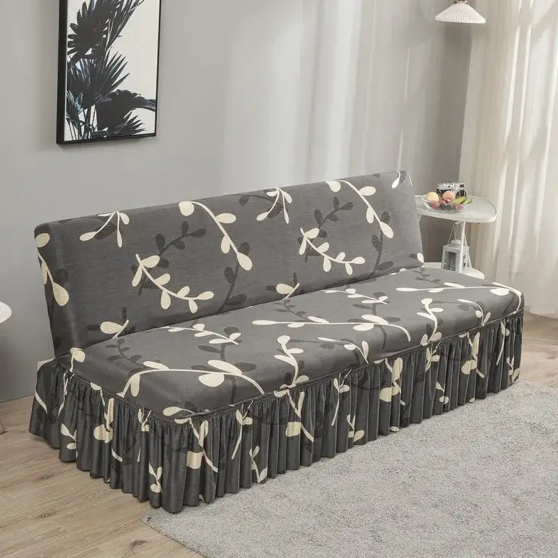 Gray sofa cover with cream and dark gray leaf pattern and ruffled hem for argyle beige elastic armless futon bed