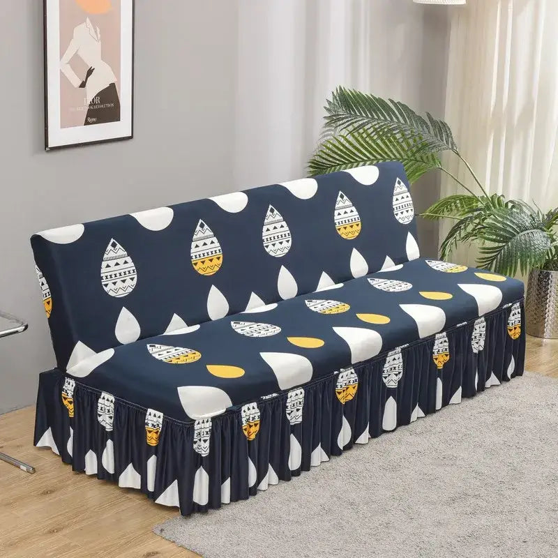 Navy blue sofa cover with white and yellow teardrop geometric patterns for elastic armless futon bed in living room