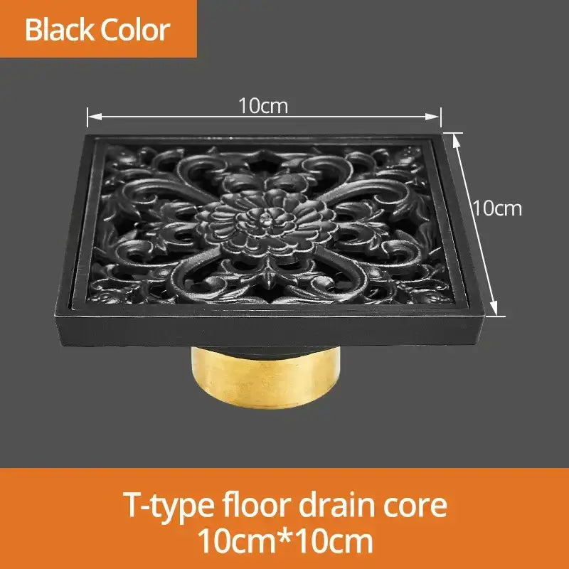 Art carved black brass shower drain cover with ornate floral metalwork and brass-colored base by decorbites black brass
