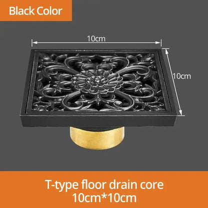 Art carved black brass shower drain cover with ornate floral metalwork and brass-colored base by decorbites black brass