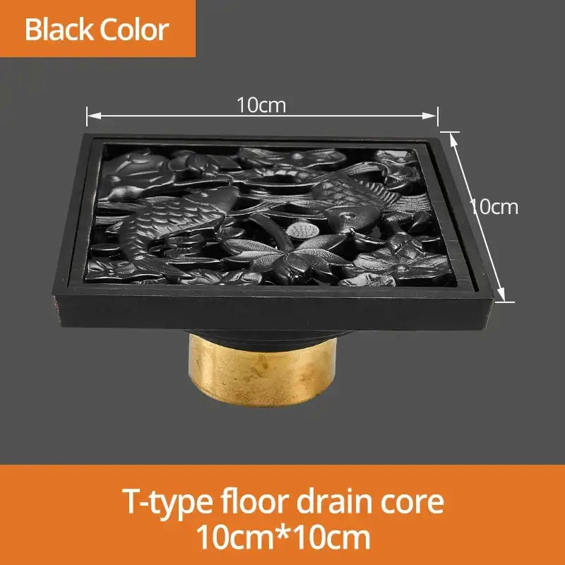 Art carved black brass and gold t-type 10cm floor drain cover with fish and leaf design for black brass shower