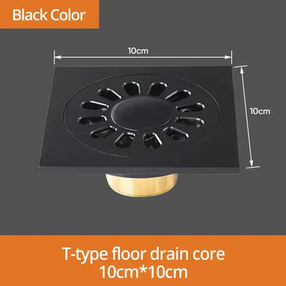 Black brass 10cm x 10cm t-type floor drain core with sunburst pattern and brass base for decorbites black brass shower