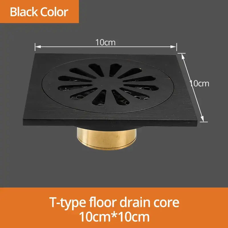 Black brass t-type 10cm floor drain with brass-colored base and radial slots black brass shower decorbites grate