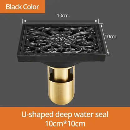 Art carved black brass shower drain cover with ornate floral design and brass-colored u-shaped water seal by decorbites black brass