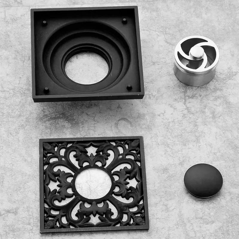 Art carved black brass shower drain cover with ornate floral cutout design decorative black brass decorbites grate