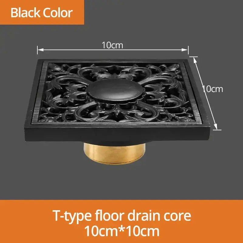 Black brass shower drain cover 10cm square with brass base and intricate floral design for bathroom decorbites black brass