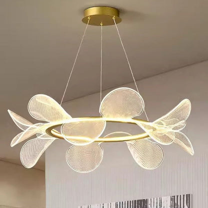 Gold and white art chandelier with petal-like acrylic design for Italian minimalistic bedroom lighting