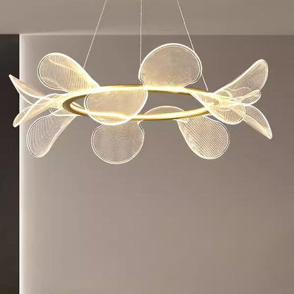 Modern white flower-shaped acrylic pendant light with gold accents and mesh design for minimalistic bedroom chandelier