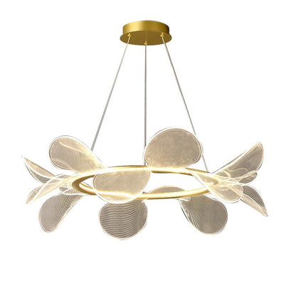 Gold circular art chandelier with petal-like leaves and mesh texture for Italian minimalistic bedroom acrylic design