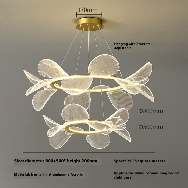 Modern gold-toned art chandelier with petal-like acrylic shades and adjustable hanging wire for minimalistic bedroom use