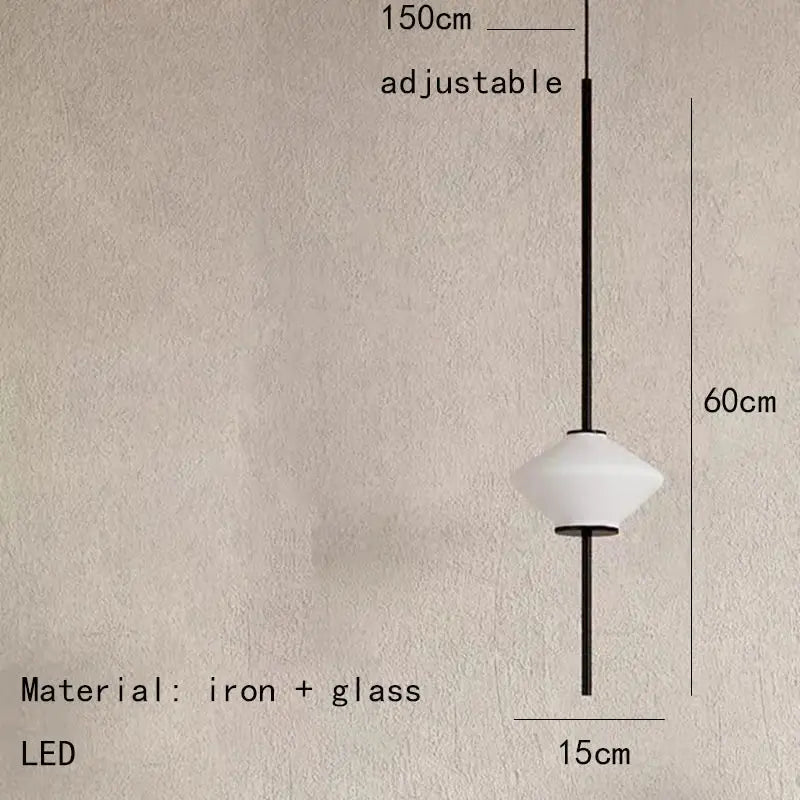 Minimalist art deco white glass pendant light with black iron rod and adjustable 150cm hanging length for dining room
