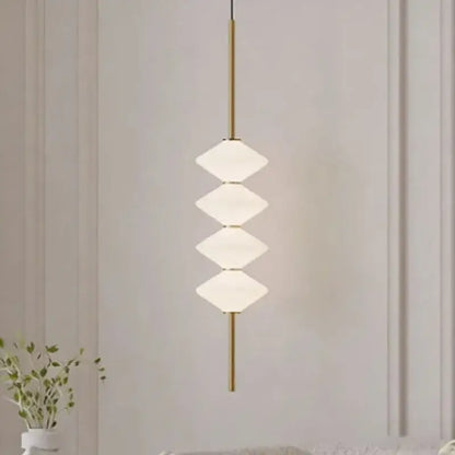 Art deco pendant light with four white frosted glass diamond shades on a gold-toned metal rod for dining room