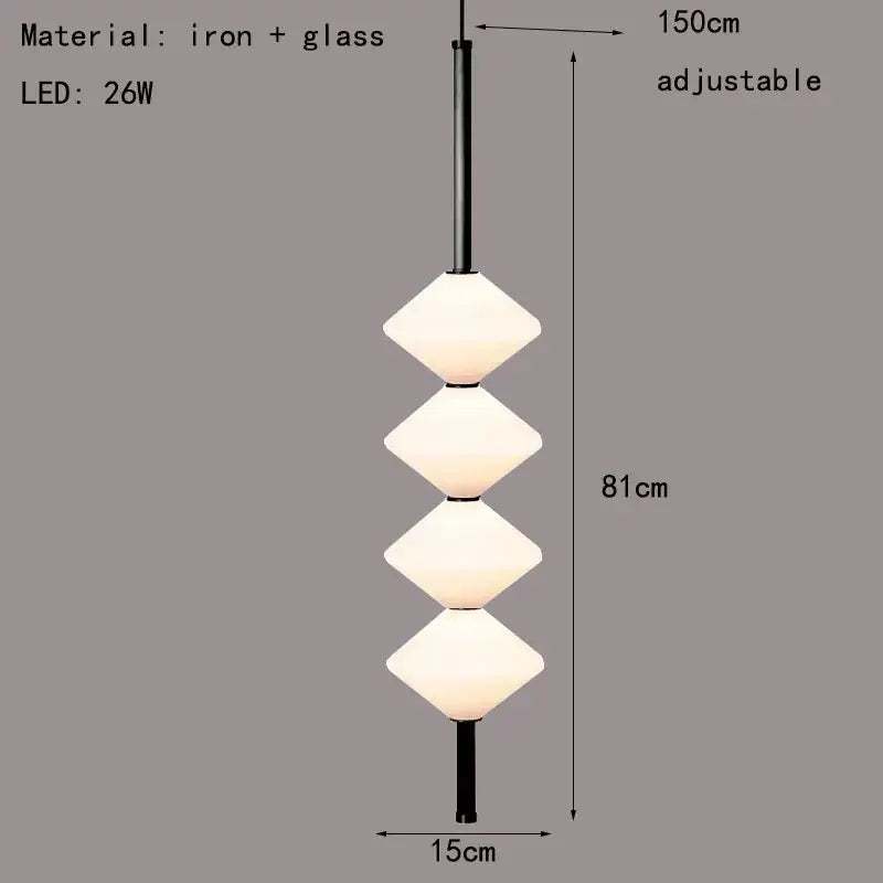 Modern art deco pendant light with four stacked white glass diamond-shaped shades suspended from black iron rod
