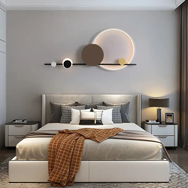 Modern art deco led wall sconce with illuminated rings and black white brown gold discs for dining room decorbites art deco