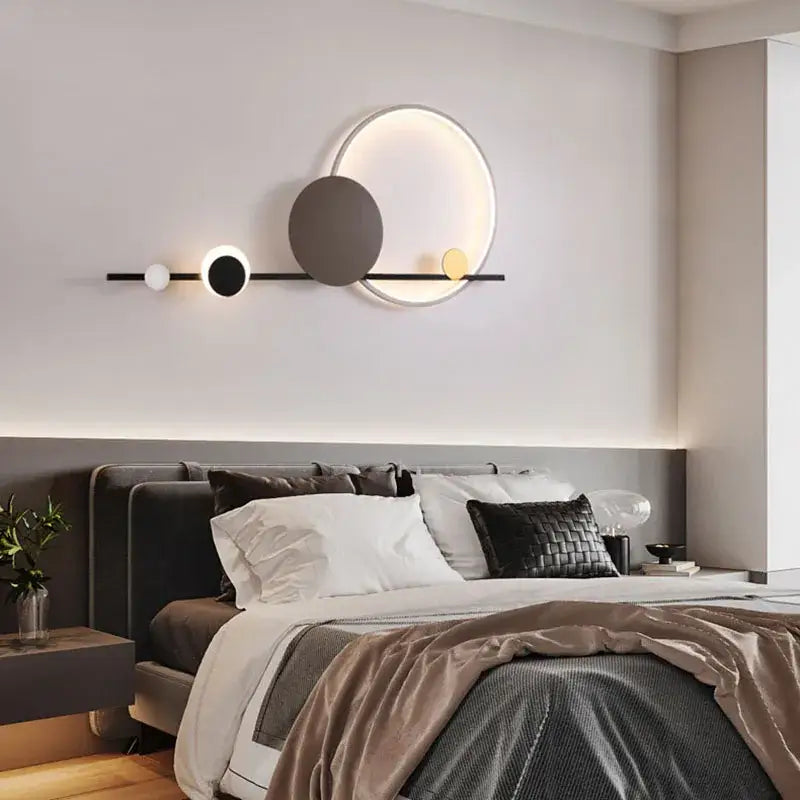 Art deco led circular wall sconce with black bar and white charcoal gray gold orbs for dining room decorbites art deco
