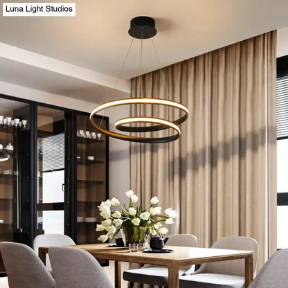Modern art deco black and gold led double-ring suspension lighting fixture for dining room with sleek illuminated rings