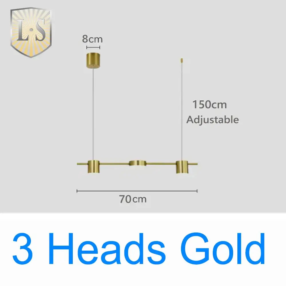 Gold-colored minimalist art deco pendant light with three adjustable metal light sources for dining room use
