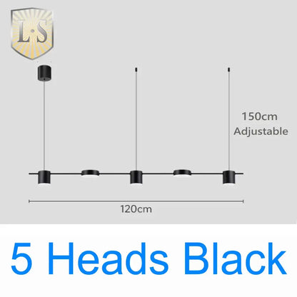 Art deco black and gold linear pendant light with five cylindrical adjustable light sources for dining room use