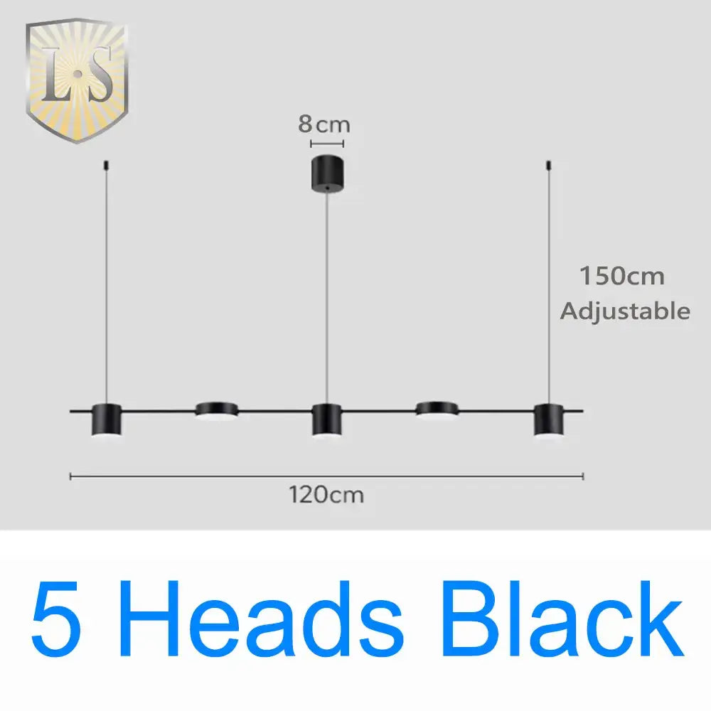 Art deco black and gold linear pendant light with five cylindrical light sources for dining room use