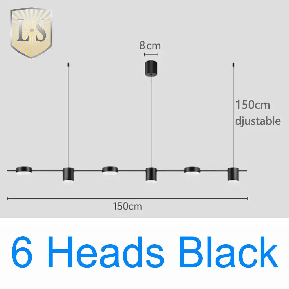 Art deco black and gold linear pendant light with six cylindrical light sources for dining room use