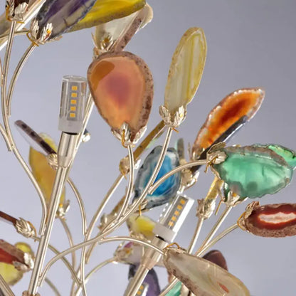 Art deco colorful agate floor lamp with gold metal arms and amber, green, blue, and purple agate slices decorbites agate floor lamp