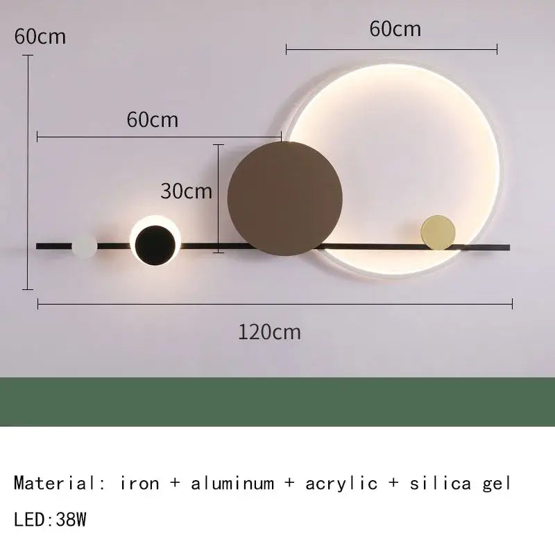 Art deco led wall sconce with sleek black bar and four circular lights in white black brown and gold for bedroom use