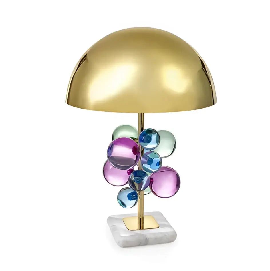 Art deco gold and crystal bubble led desk lamp with polished dome shade and colorful glass orbs on marble base