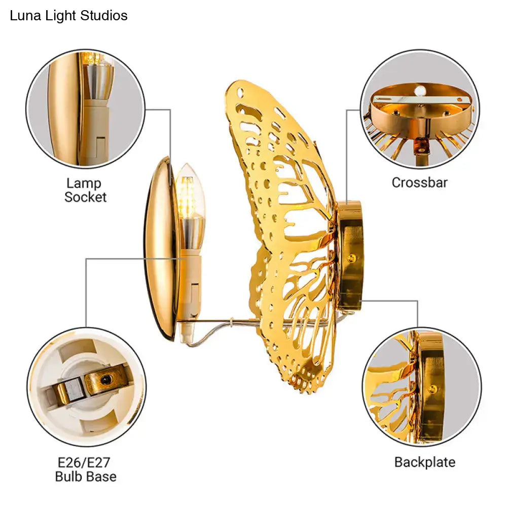 Gold butterfly wall sconce metal lamp with intricate cutout detailing designed for kids room art deco style