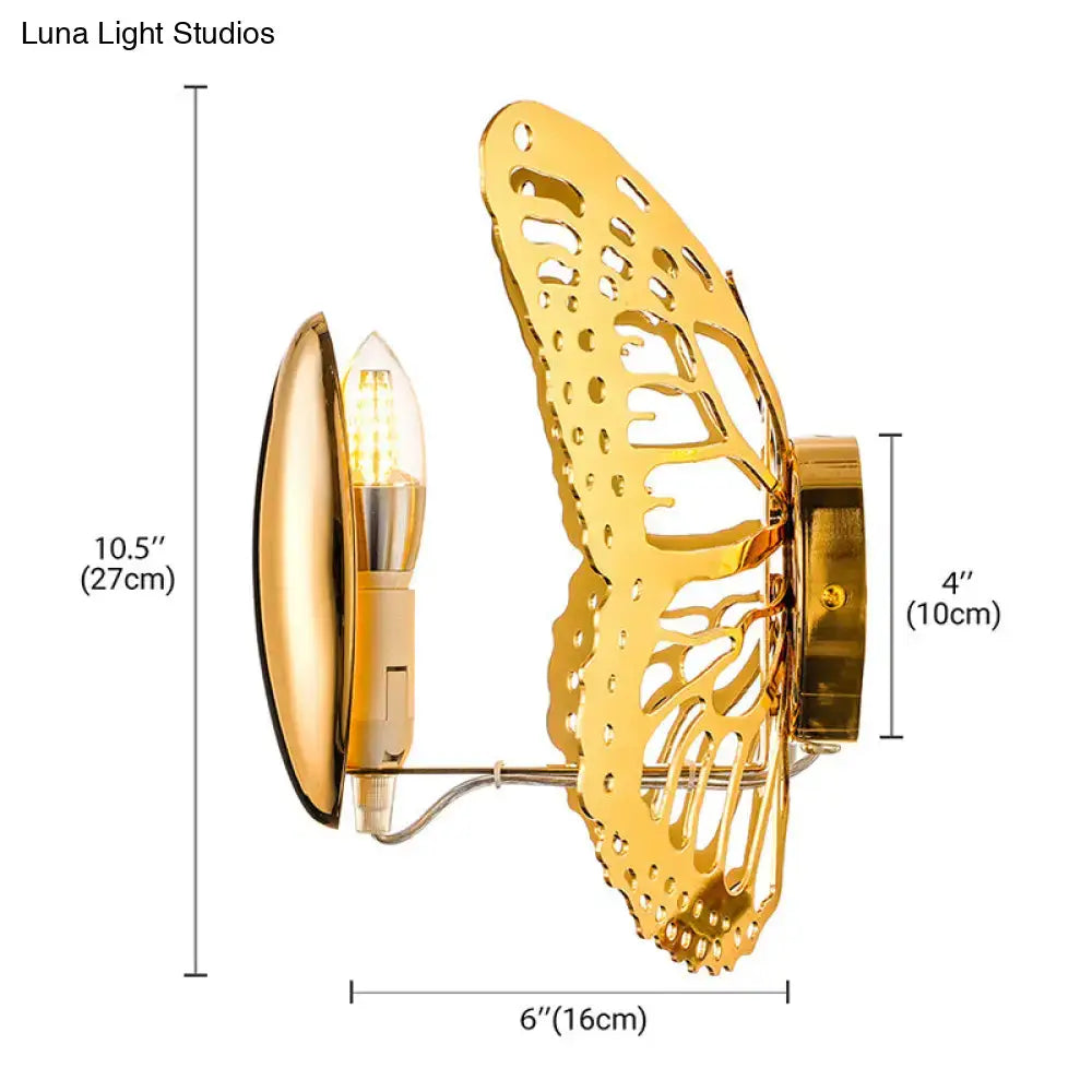 Gold butterfly wall sconce with intricate cutout wings and frosted glass bulb metal lamp for kids room decor