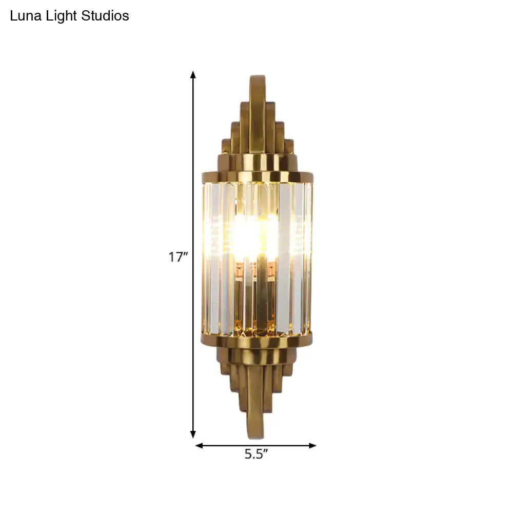 Gold finish art deco wall light with vertical crystal prisms and 17-inch height for living room decor