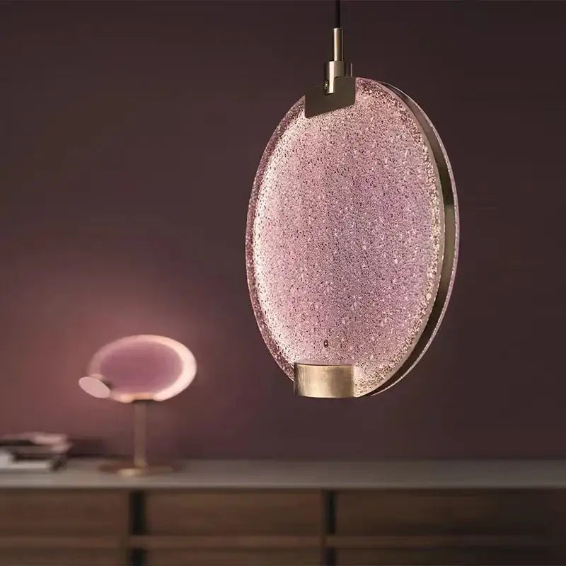 Art deco lavender glass horo led pendant light with textured sparkling pink glass and polished brass accents for kitchen decorbites glass horo