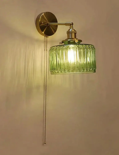 Green ribbed glass art deco led wall lamp with brass hardware and pull chain switch for bedroom decorbites art deco sconce