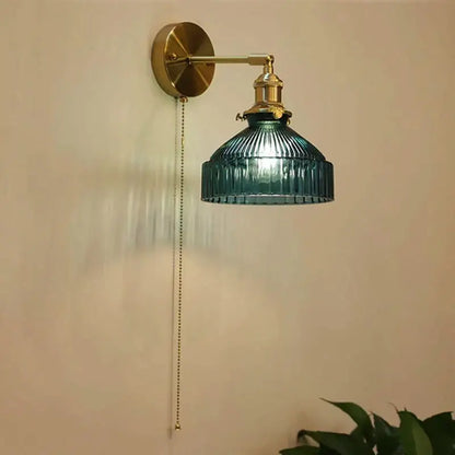 Art deco led wall lamp with brass sconce and teal-green ribbed glass shade by decorbites for bedroom decor