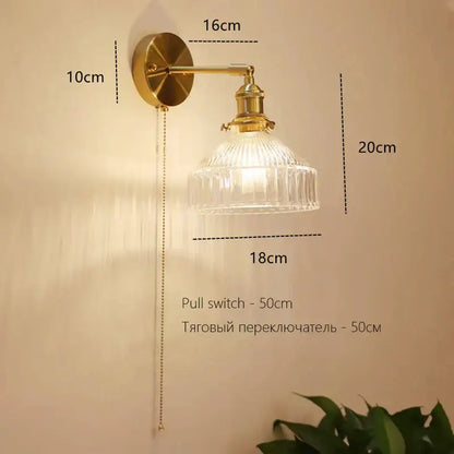 Art deco led wall lamp by decorbites featuring a vintage brass sconce with clear ribbed glass shade and pull chain switch