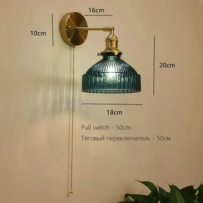 Art deco led wall lamp with brass sconce and teal green ribbed glass shade by decorbites for bedroom decor