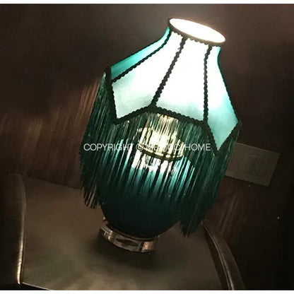 Art deco malachite green fringed table lamp with geometric teal velvet shade and metallic base for decorbites bedroom decor