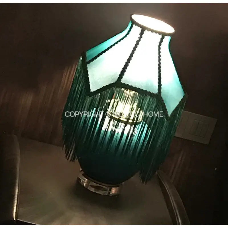 Art deco malachite green fringed table lamp with geometric teal velvet shade and metallic base for decorbites bedroom decor