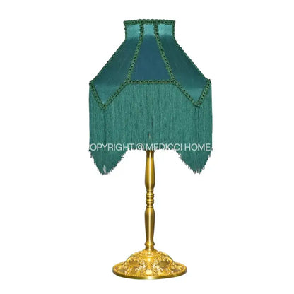 Art deco teal fringed lampshade with gold metal base featuring malachite green velvet for decorbites art deco bedroom decor