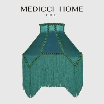 Teal velvet lampshade with malachite green lace trim and fringe for decorbites art deco bedroom decor