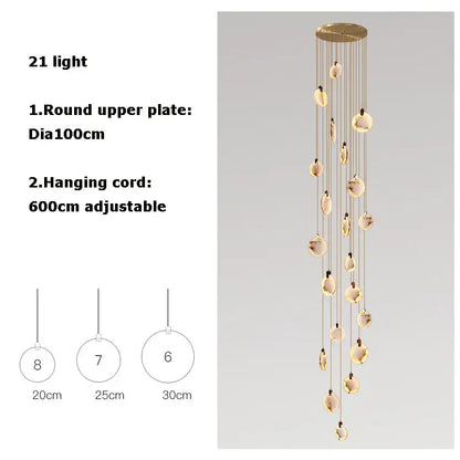 Modern gold-toned art deco marble pendant light with 21 spherical lights for dining room illumination
