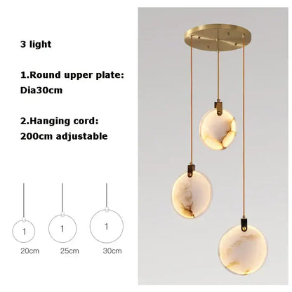 Modern three-light art deco marble golden lustre pendant light with opalescent stone shades for dining room