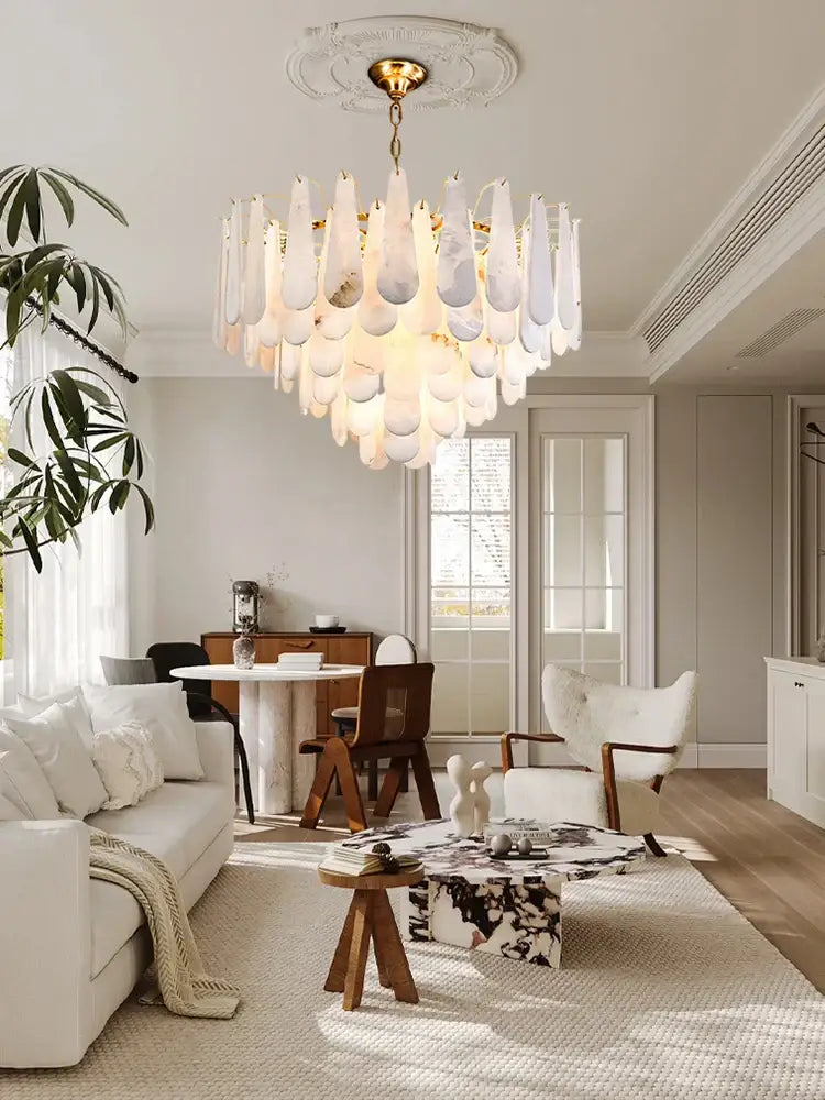 Modern decorbites art deco marble tiered led chandelier with frosted glass teardrop shades and gold pendant light for dining room