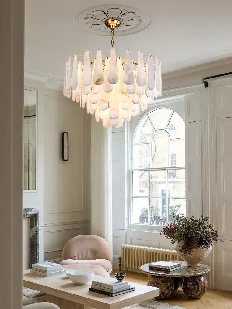 Elegant white glass art deco marble tiered led chandelier with gold-toned fixture for dining room decorbites art deco