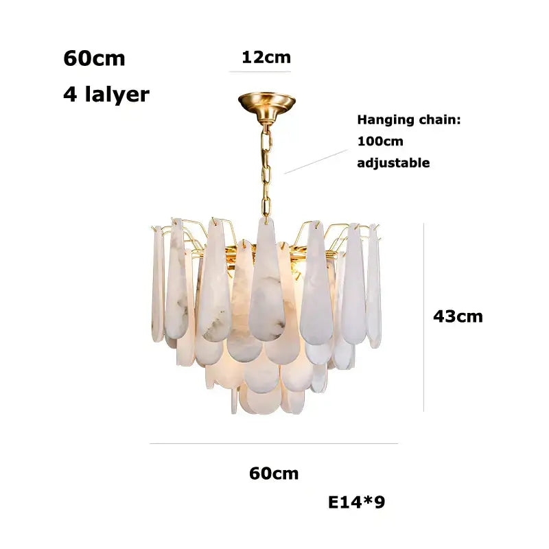 Elegant four-layer art deco marble tiered led chandelier with white teardrop shades and gold metal frame for dining decorbites art deco